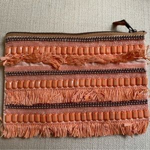 Anthropologie Salmon Raffia and Beaded Clutch